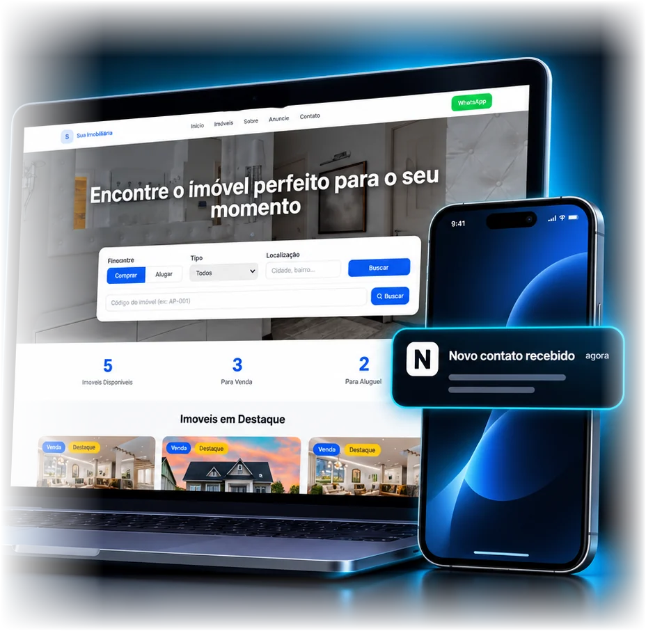 Notebook com um site de imobiliária e celular recebendo um novo contato